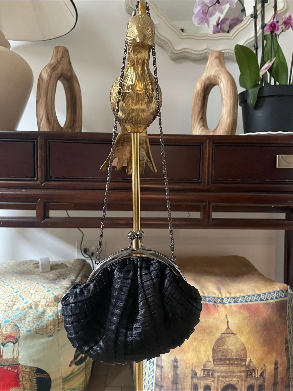 Jessica McClintock Black Satin Pleated Evening Clutch with Chain Kiss Lock